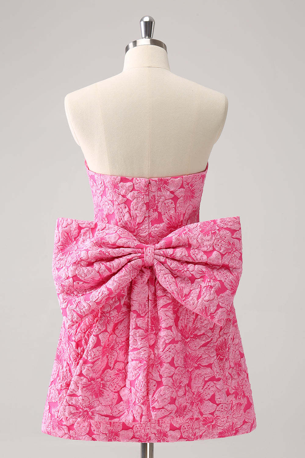A-Line Fuchsia Floral Strapless Brocade Short Homecoming Dress with Back Giant Bow