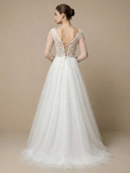 Leely Elegant V Neck Long Sleeve A Line Beaded Embroidery Tulle Wedding Dresses