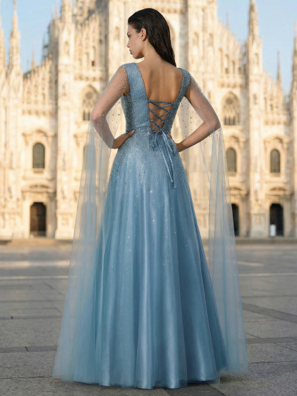 Leely Luxurious Beaded V-Neck Prom Evening Gown