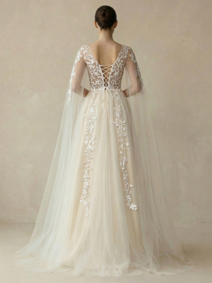 Leely Women's V Neck Extra-Long Sleeve Tulle Wedding Dresses