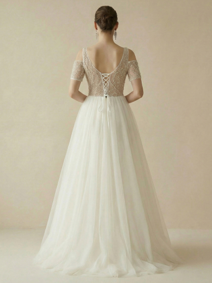 Leely V Neck Cold Shoulder A Line Beaded Tulle Wedding Dresses