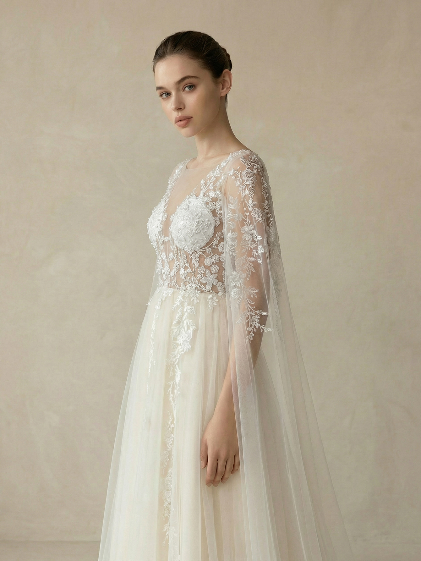 Leely Women's V Neck Extra-Long Sleeve Tulle Wedding Dresses