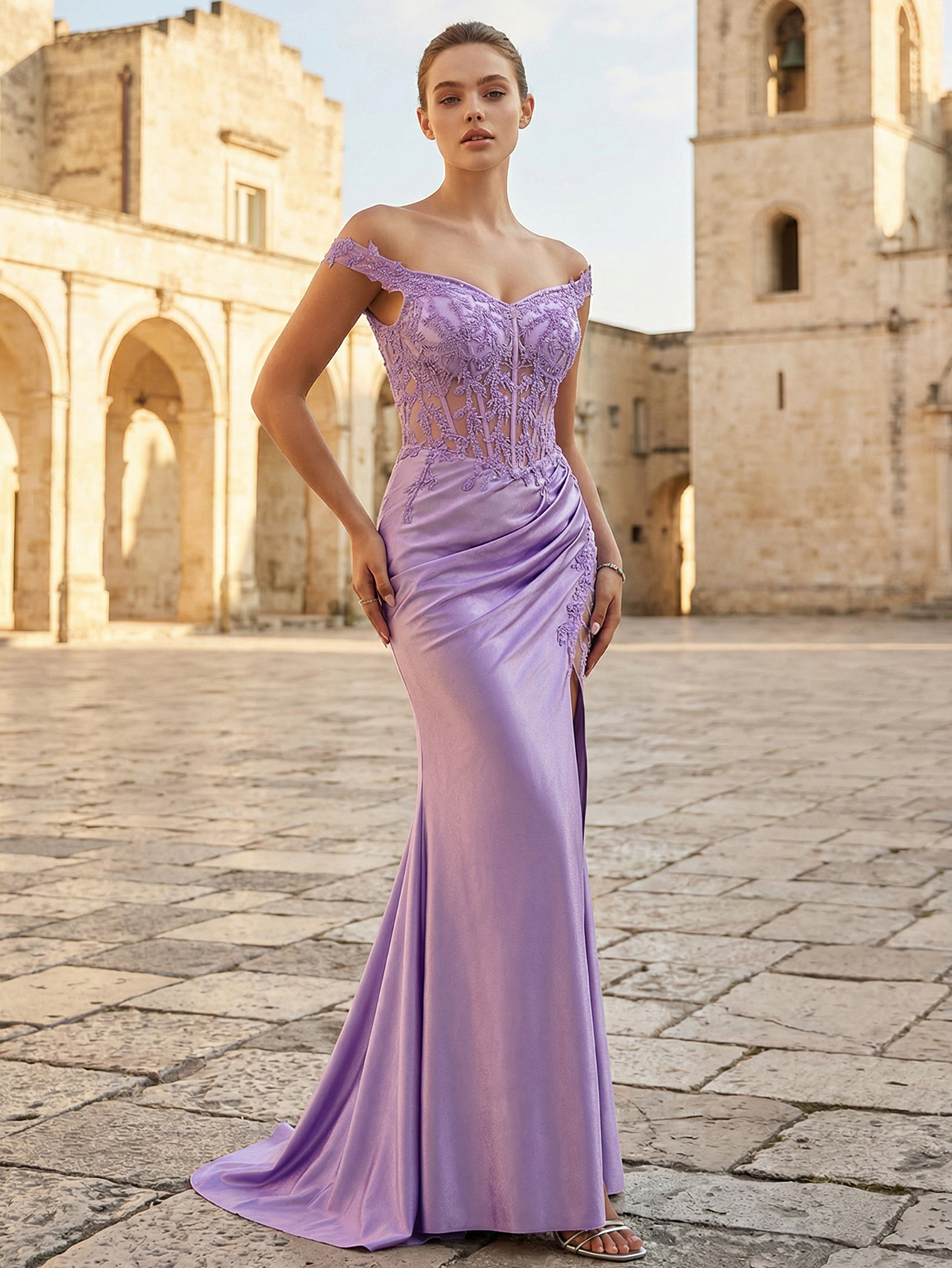 Leely Lilac Off The Shoulder Evening Gown