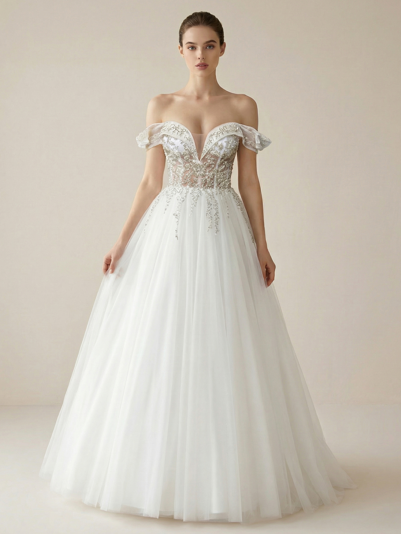Leely Off Shoulder Puff Sleeve A Line Beaded Tulle Wedding Dresses