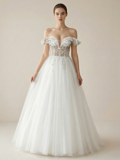 Leely Off Shoulder Puff Sleeve A Line Beaded Tulle Wedding Dresses