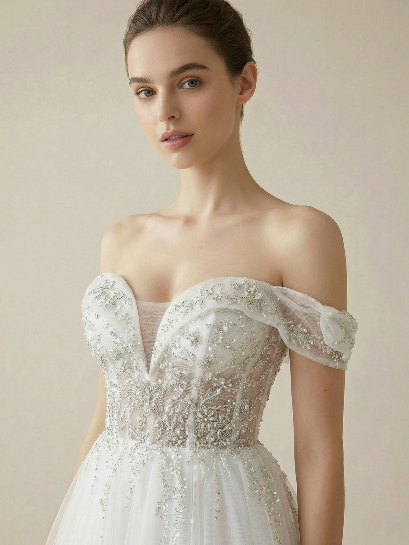 Leely Off Shoulder Puff Sleeve A Line Beaded Tulle Wedding Dresses