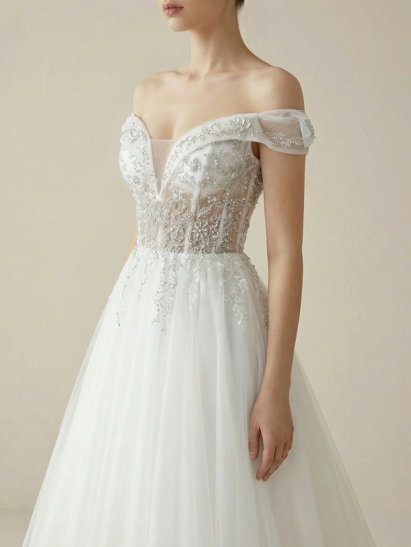 Leely Off Shoulder Puff Sleeve A Line Beaded Tulle Wedding Dresses