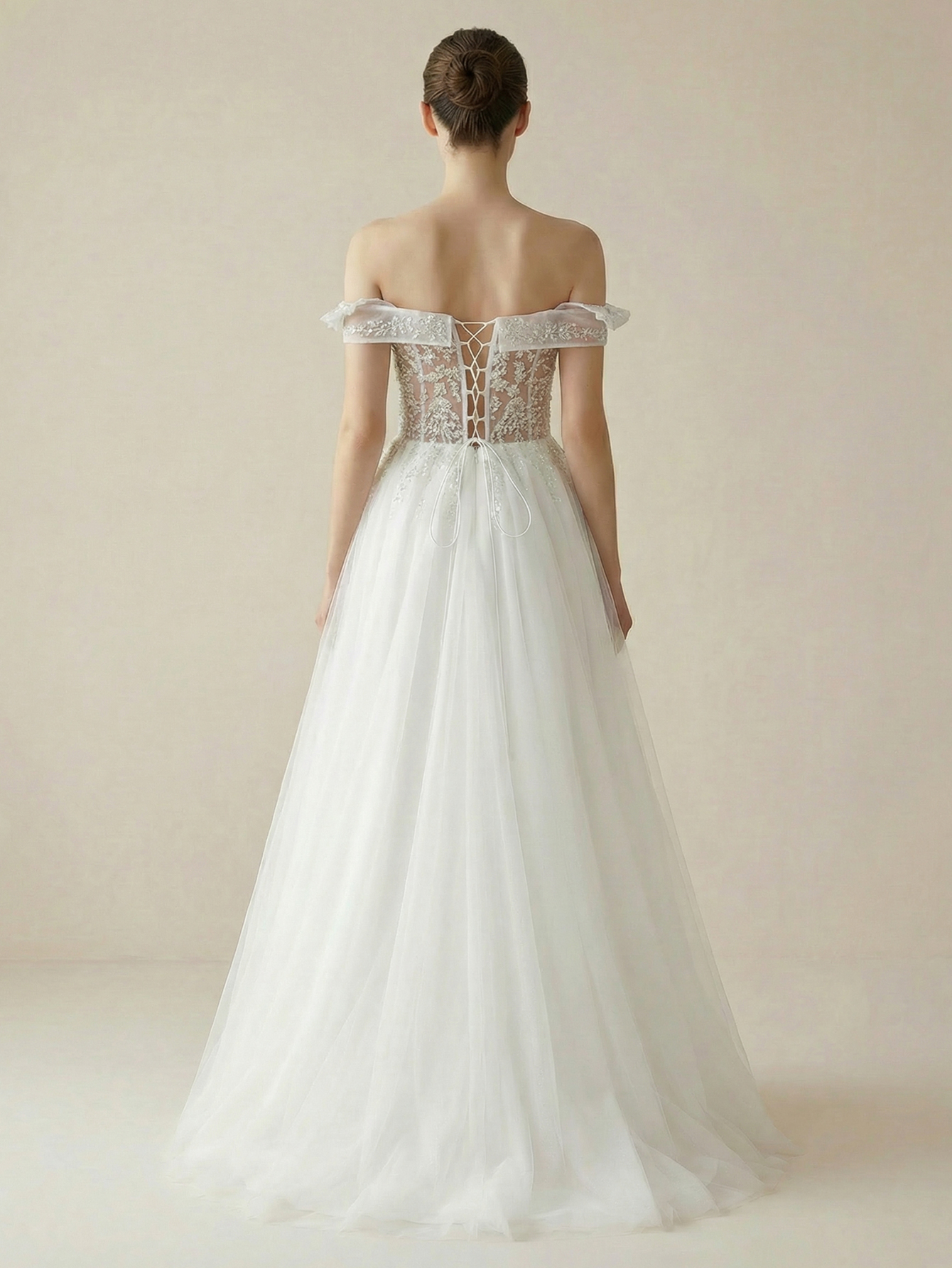 Leely Off Shoulder Puff Sleeve A Line Beaded Tulle Wedding Dresses