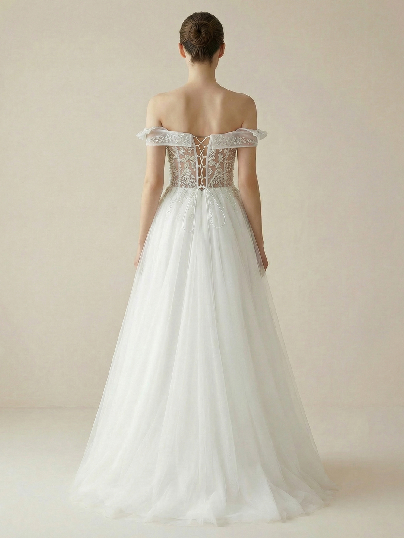Leely Off Shoulder Puff Sleeve A Line Beaded Tulle Wedding Dresses