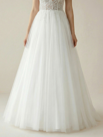 Leely Off Shoulder Puff Sleeve A Line Beaded Tulle Wedding Dresses