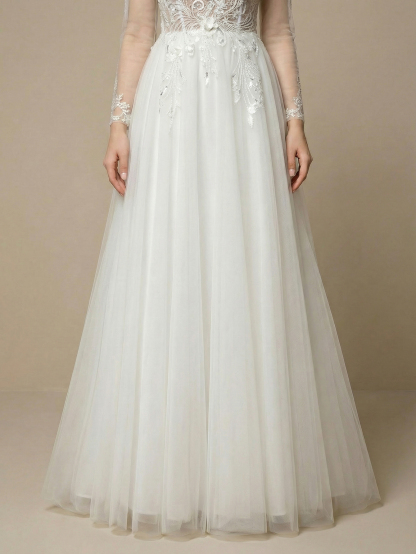 Leely Elegant V Neck Long Sleeve A Line Beaded Embroidery Tulle Wedding Dresses