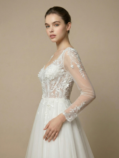 Leely Elegant V Neck Long Sleeve A Line Beaded Embroidery Tulle Wedding Dresses