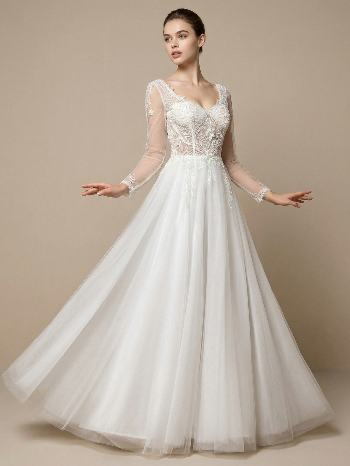 Leely Elegant V Neck Long Sleeve A Line Beaded Embroidery Tulle Wedding Dresses