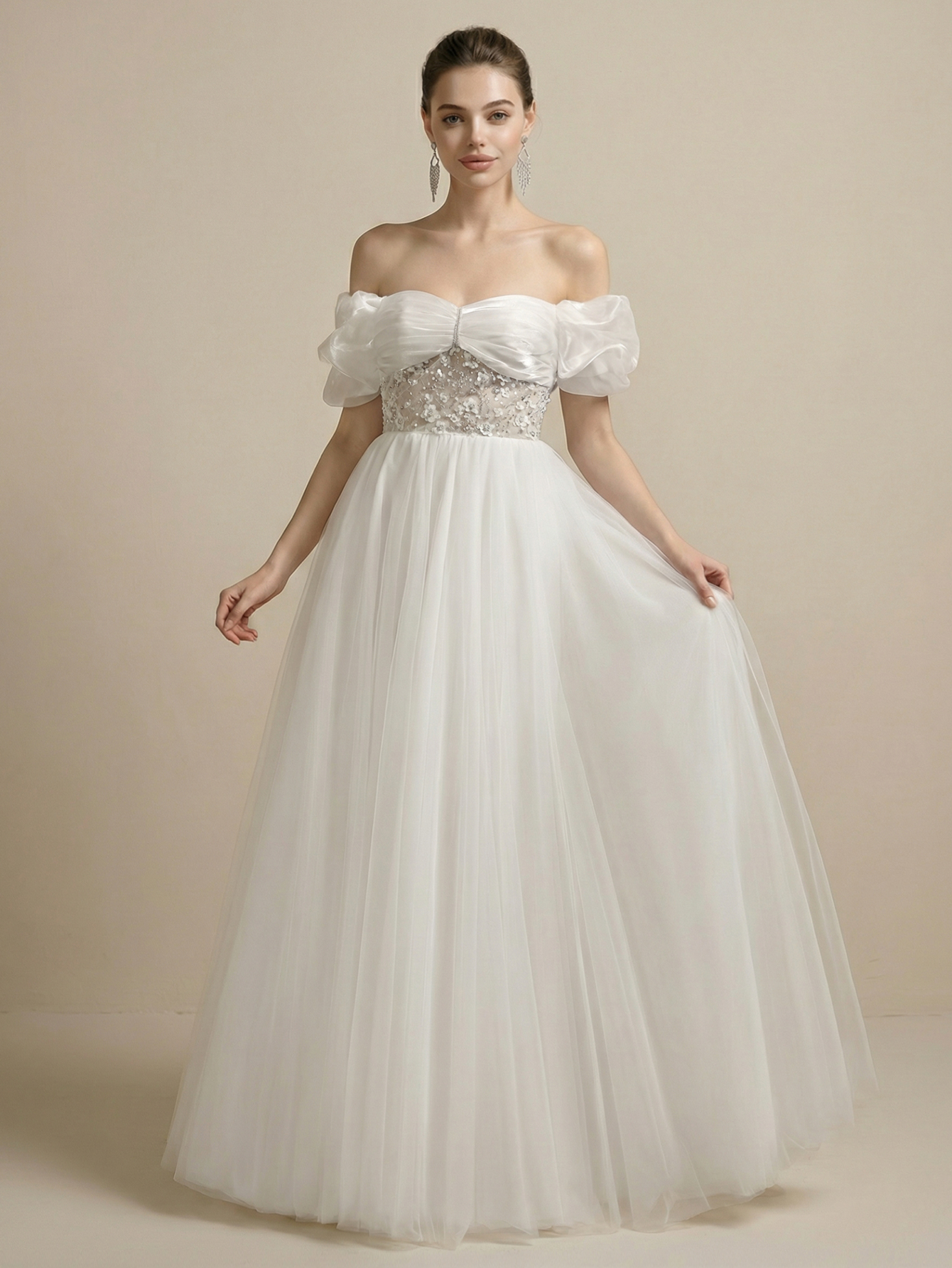 Leely Off Shoulder Puff Sleeve A Line Beaded Embroidery Tulle Wedding Dresses