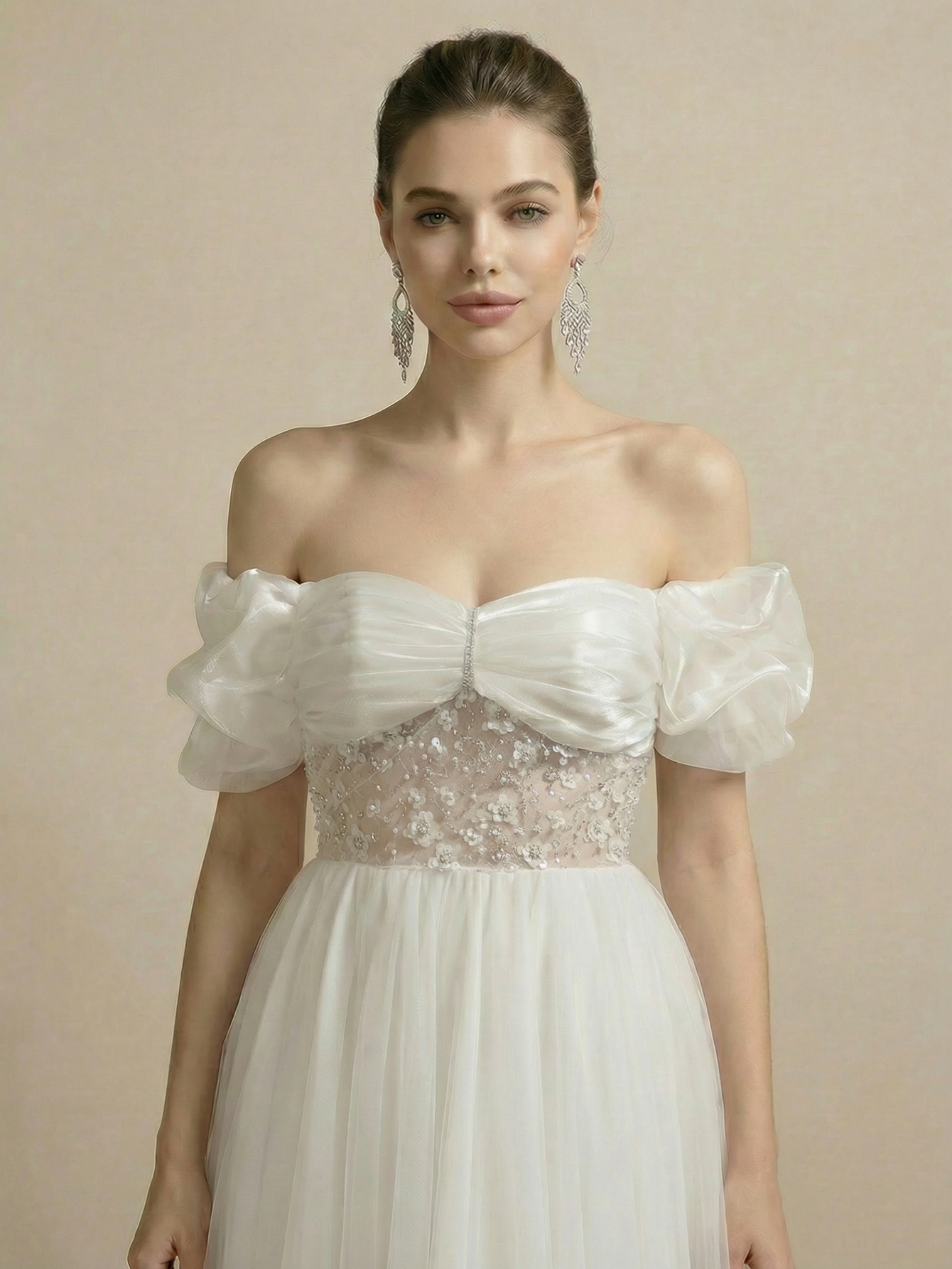 Leely Off Shoulder Puff Sleeve A Line Beaded Embroidery Tulle Wedding Dresses