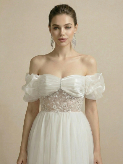 Leely Off Shoulder Puff Sleeve A Line Beaded Embroidery Tulle Wedding Dresses