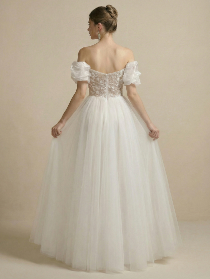 Leely Off Shoulder Puff Sleeve A Line Beaded Embroidery Tulle Wedding Dresses