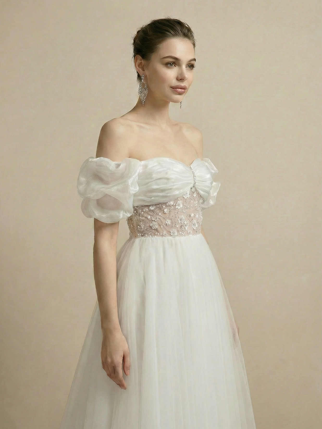 Leely Off Shoulder Puff Sleeve A Line Beaded Embroidery Tulle Wedding Dresses