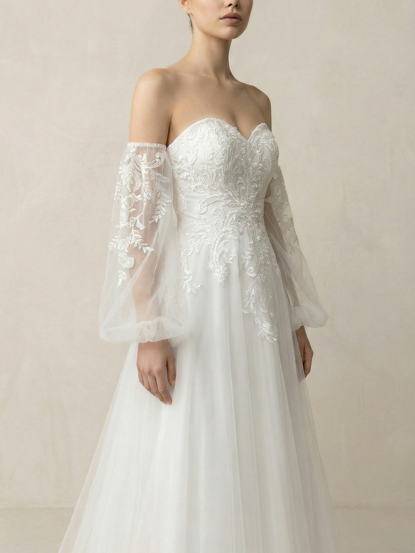Leely Off Shoulder Bishop Sleeve A Line Beaded Embroidery Tulle Wedding Dresses