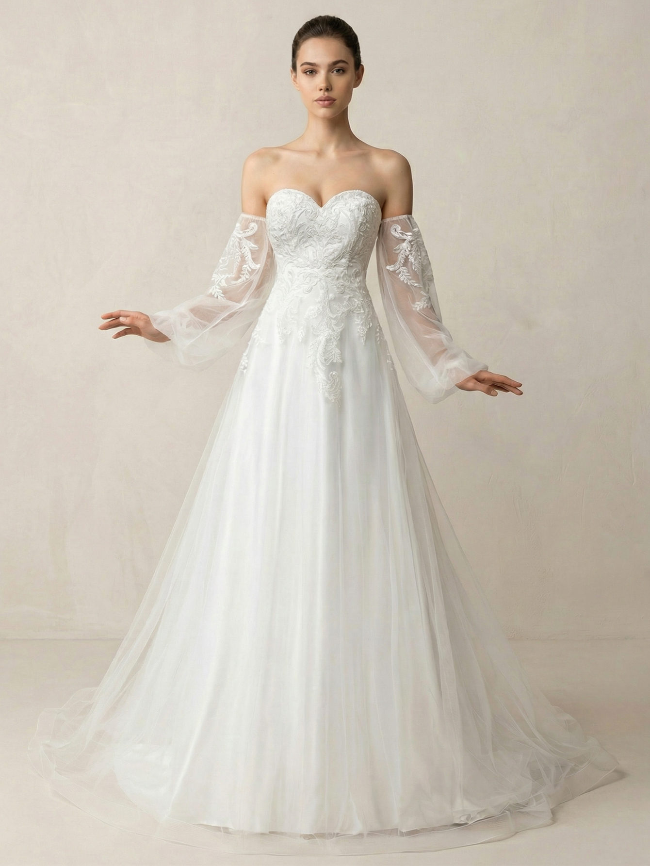 Leely Off Shoulder Bishop Sleeve A Line Beaded Embroidery Tulle Wedding Dresses
