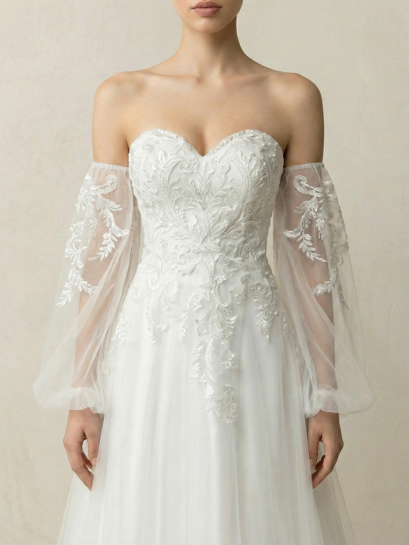 Leely Off Shoulder Bishop Sleeve A Line Beaded Embroidery Tulle Wedding Dresses
