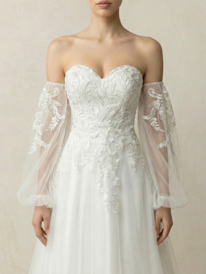 Leely Off Shoulder Bishop Sleeve A Line Beaded Embroidery Tulle Wedding Dresses