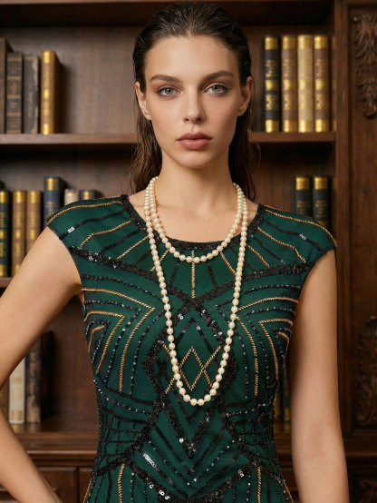 Leely Round Neck Cap Sleeve 1920s Vintage Glitter Party Dress