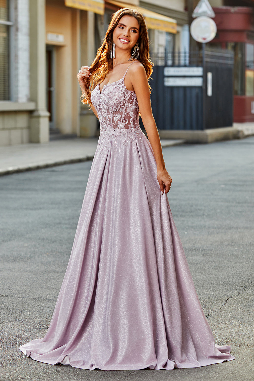 Modecrush Sparkly A-Line Spaghetti Straps Blush Prom Dress with Beading