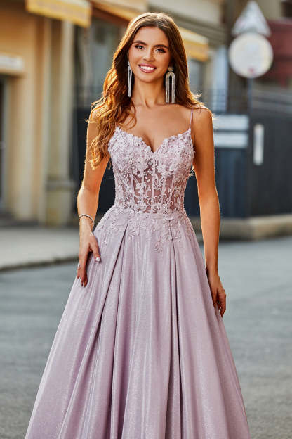 Modecrush Sparkly A-Line Spaghetti Straps Blush Prom Dress with Beading