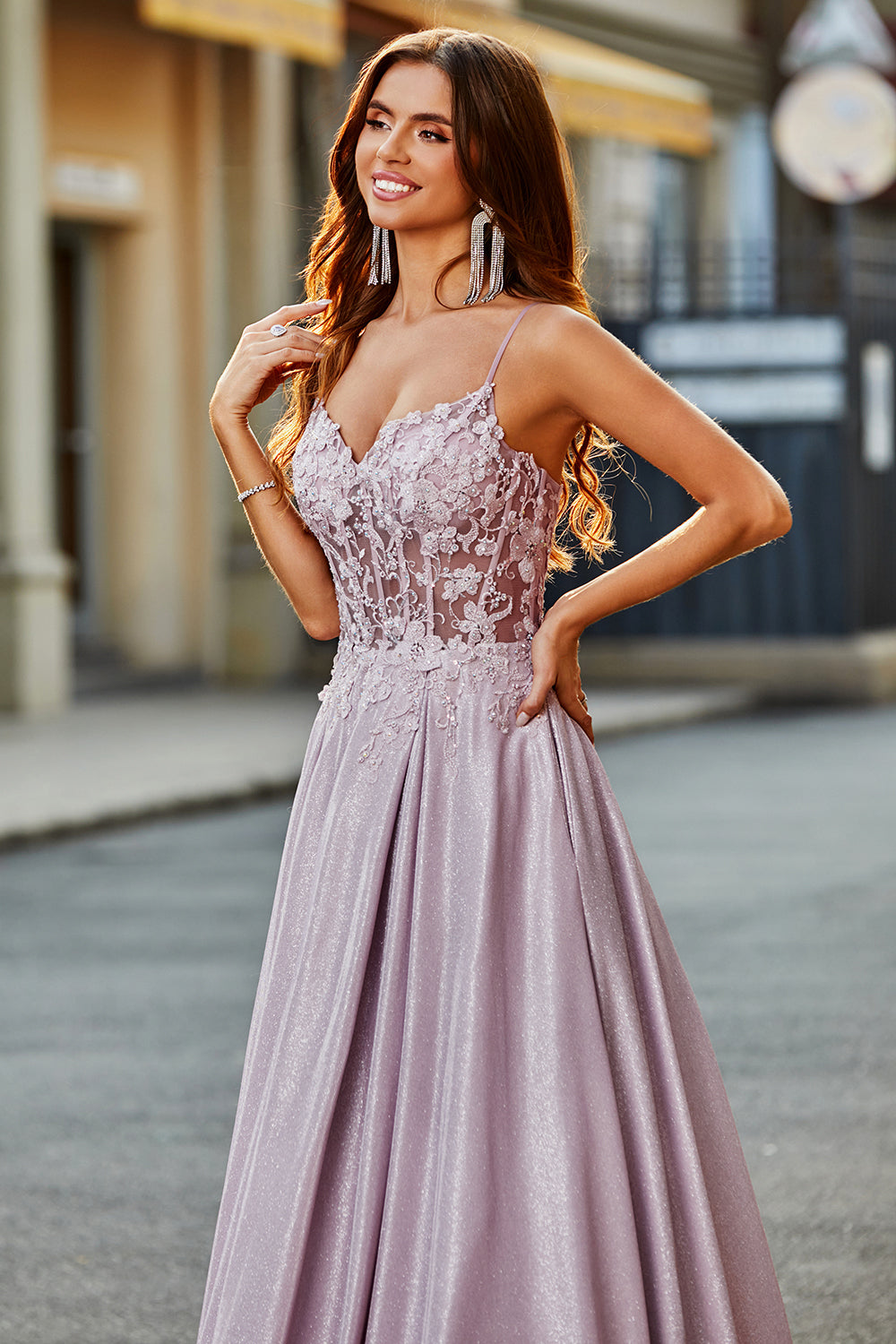 Modecrush Sparkly A-Line Spaghetti Straps Blush Prom Dress with Beading