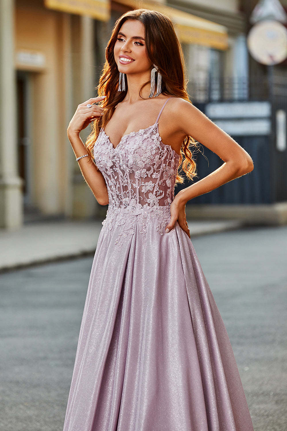 Modecrush Sparkly A-Line Spaghetti Straps Blush Prom Dress with Beading