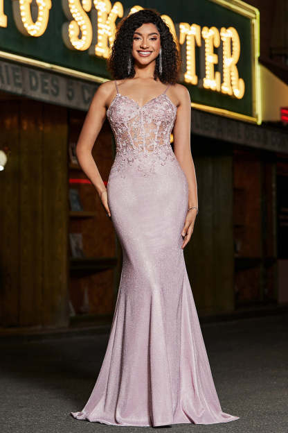 Modecrush Glitter Blush Mermaid Spaghetti Straps Long Prom Dress with Beading