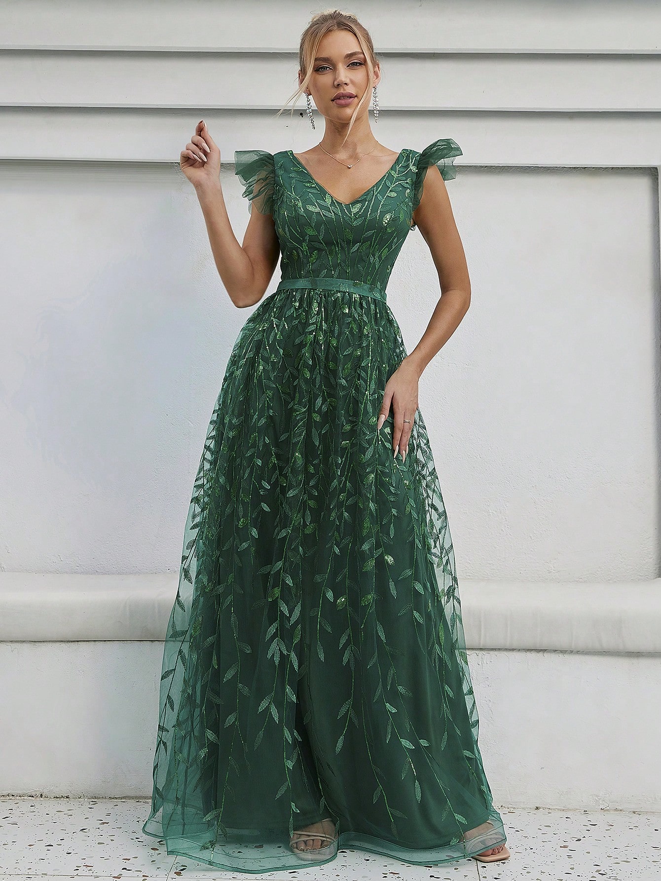 Leely Elegant V Neck Flounce Sleeve A-line Party Dress