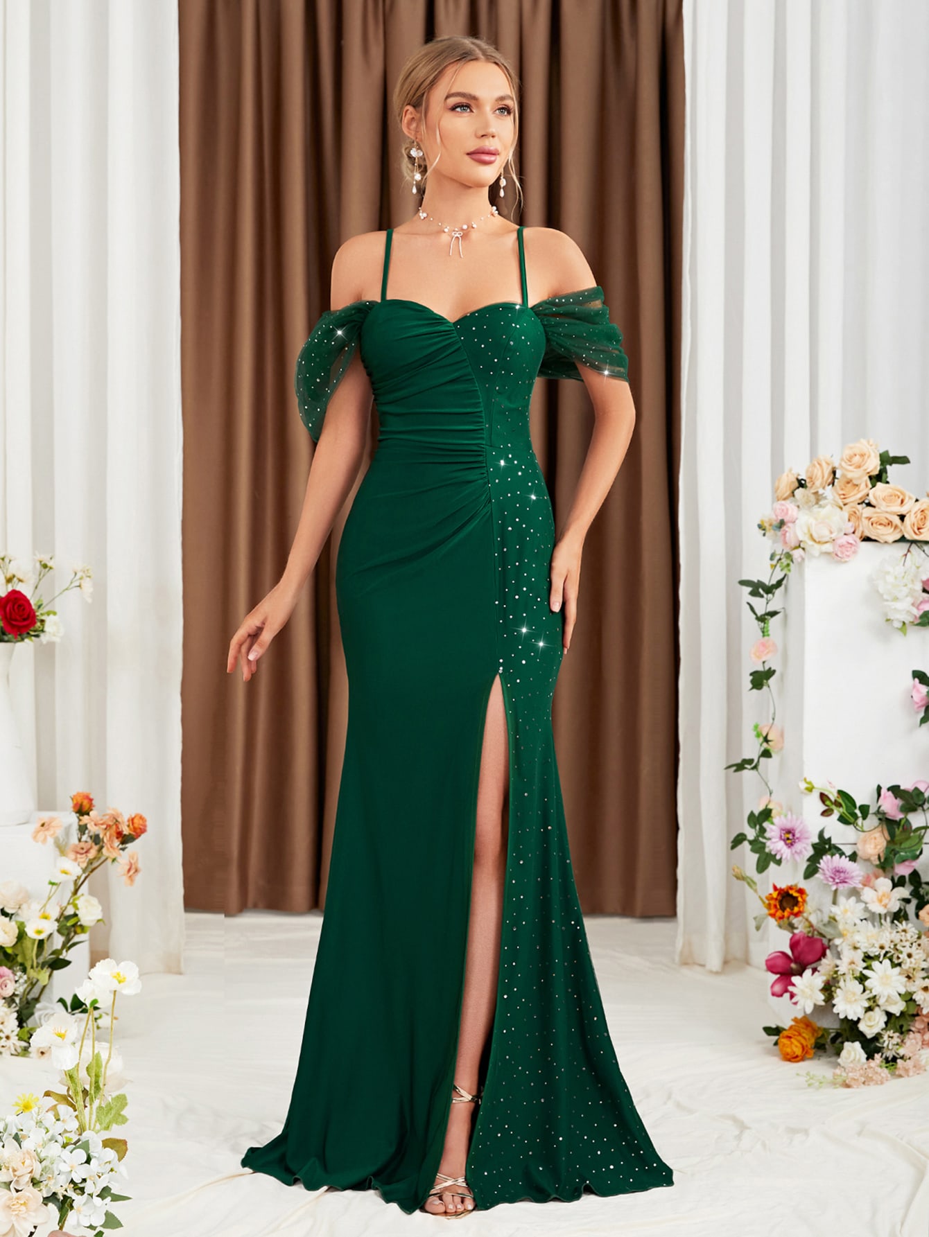 Leely Elegant Spaghetti Straps Cold Shoulder Mermaid Party Dress
