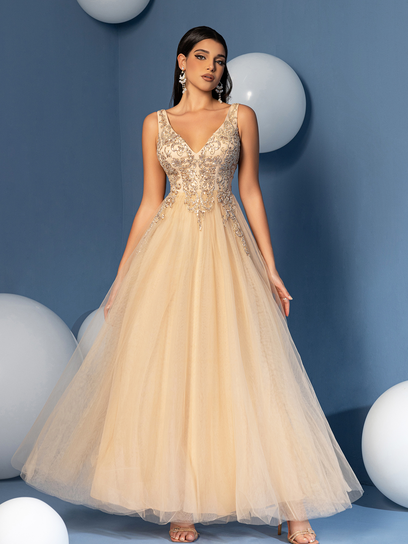 Modecrush Women's Elegant V-Neck Sequin Mesh Dress Solid Color Formal Evening Prom Wedding Guest Gown,Party Dress, Wedding Dress, Formal Dress, Evening Dress, Birthday Women Outfits, Graduation Dress，Summer Wedding Bridesmaids