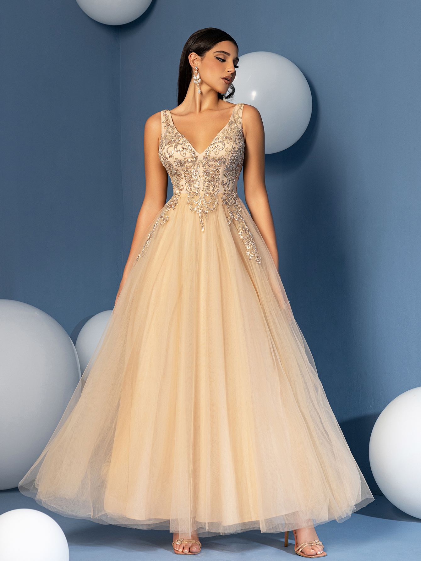 Modecrush Women's Elegant V-Neck Sequin Mesh Dress Solid Color Formal Evening Prom Wedding Guest Gown,Party Dress, Wedding Dress, Formal Dress, Evening Dress, Birthday Women Outfits, Graduation Dress，Summer Wedding Bridesmaids