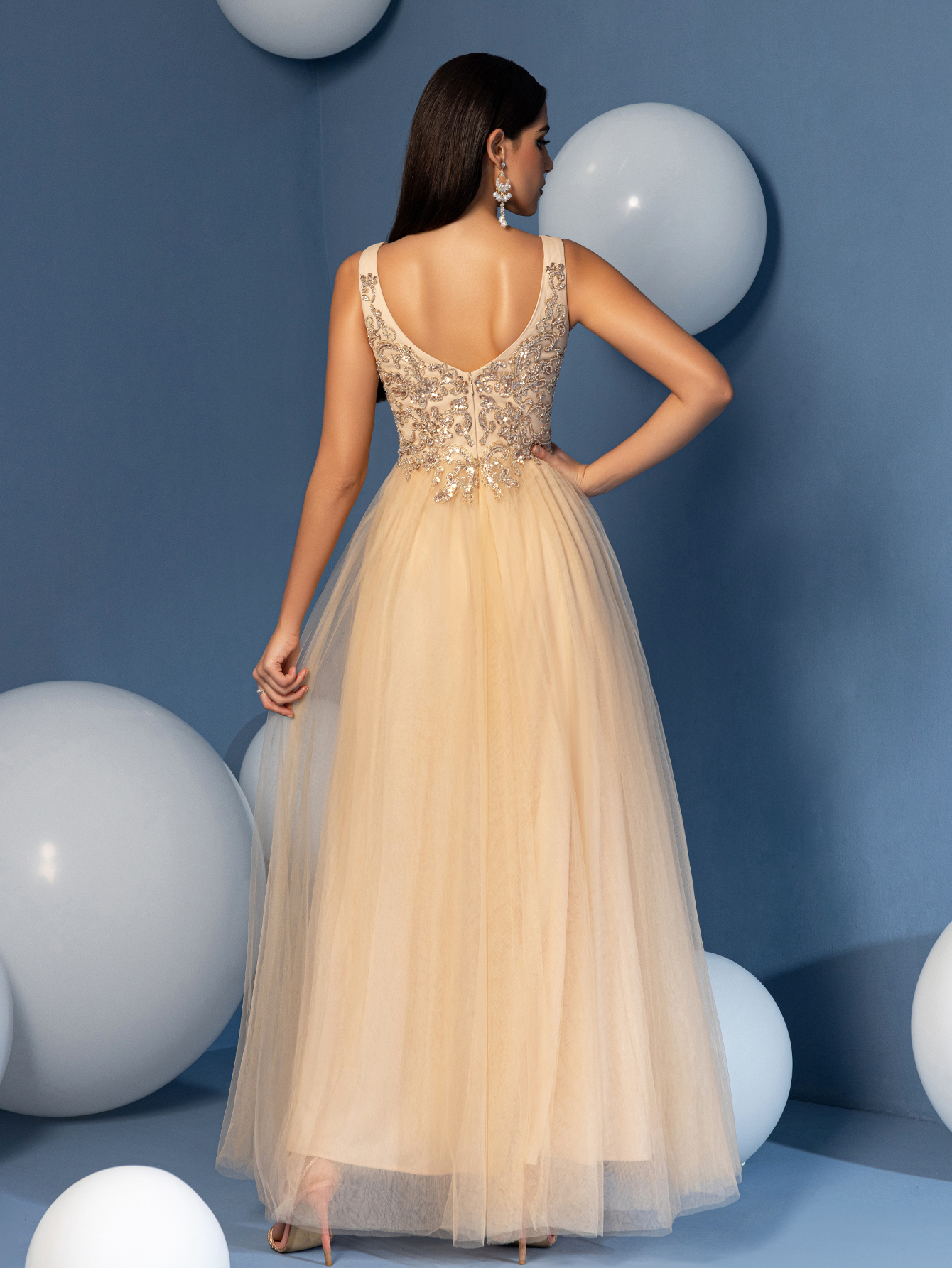 Modecrush Women's Elegant V-Neck Sequin Mesh Dress Solid Color Formal Evening Prom Wedding Guest Gown,Party Dress, Wedding Dress, Formal Dress, Evening Dress, Birthday Women Outfits, Graduation Dress，Summer Wedding Bridesmaids