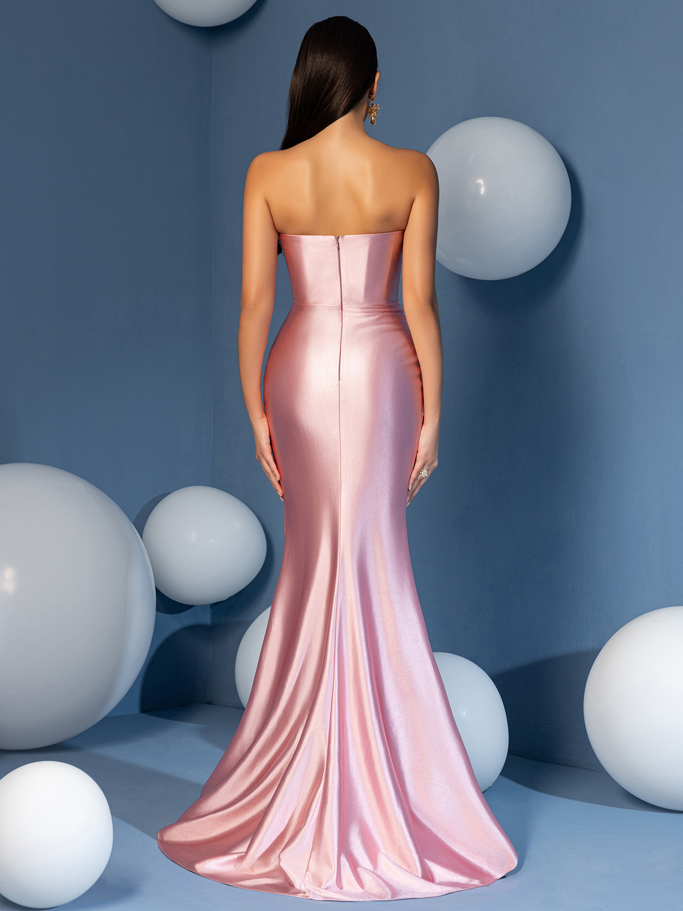 Elegant and Sexy Strapless Sequin Paneled Ruched High-Slit Mermaid Evening Gown