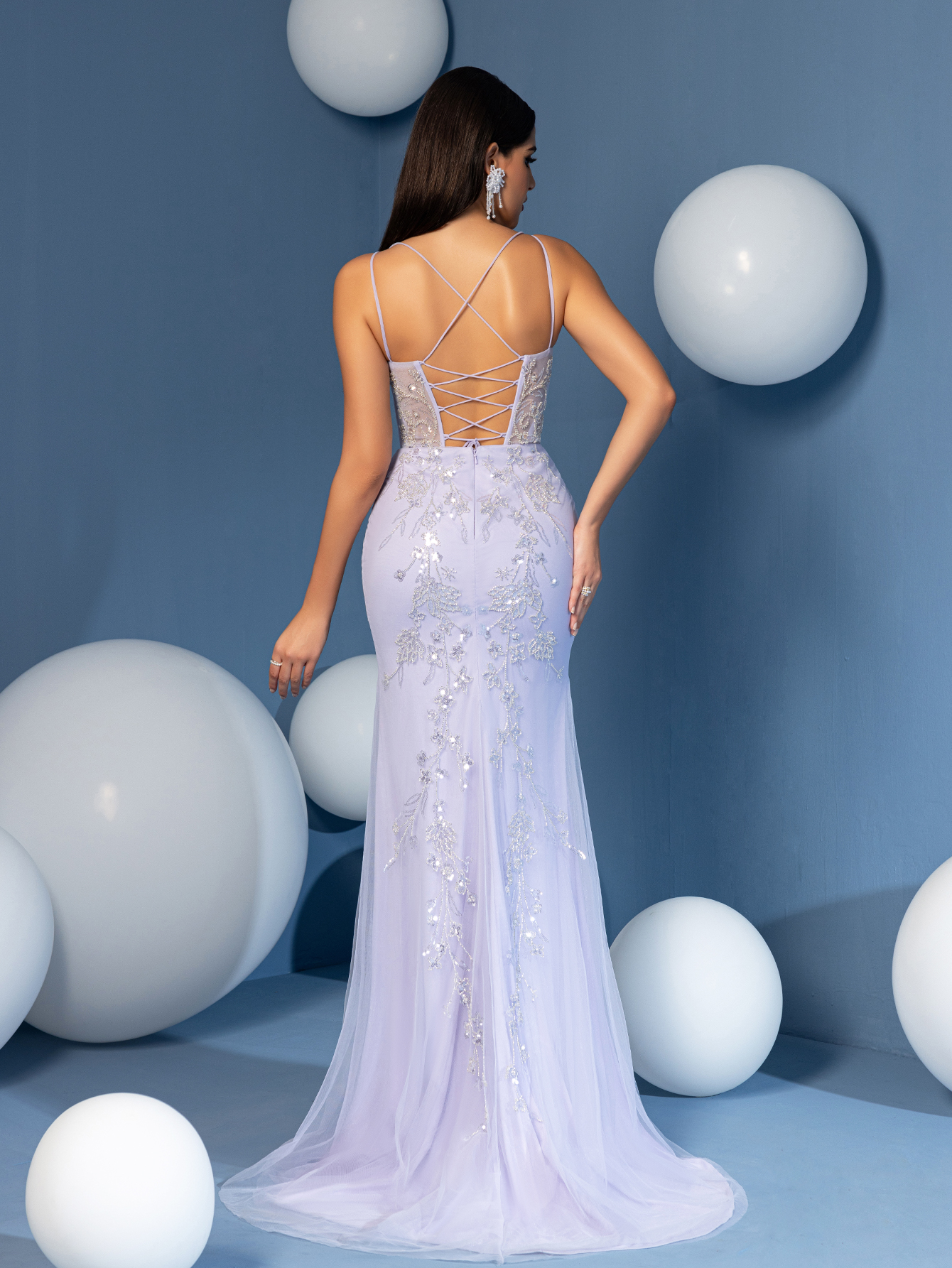 Leely Elegant Heavy Embellished Beaded Tulle Evening Gown