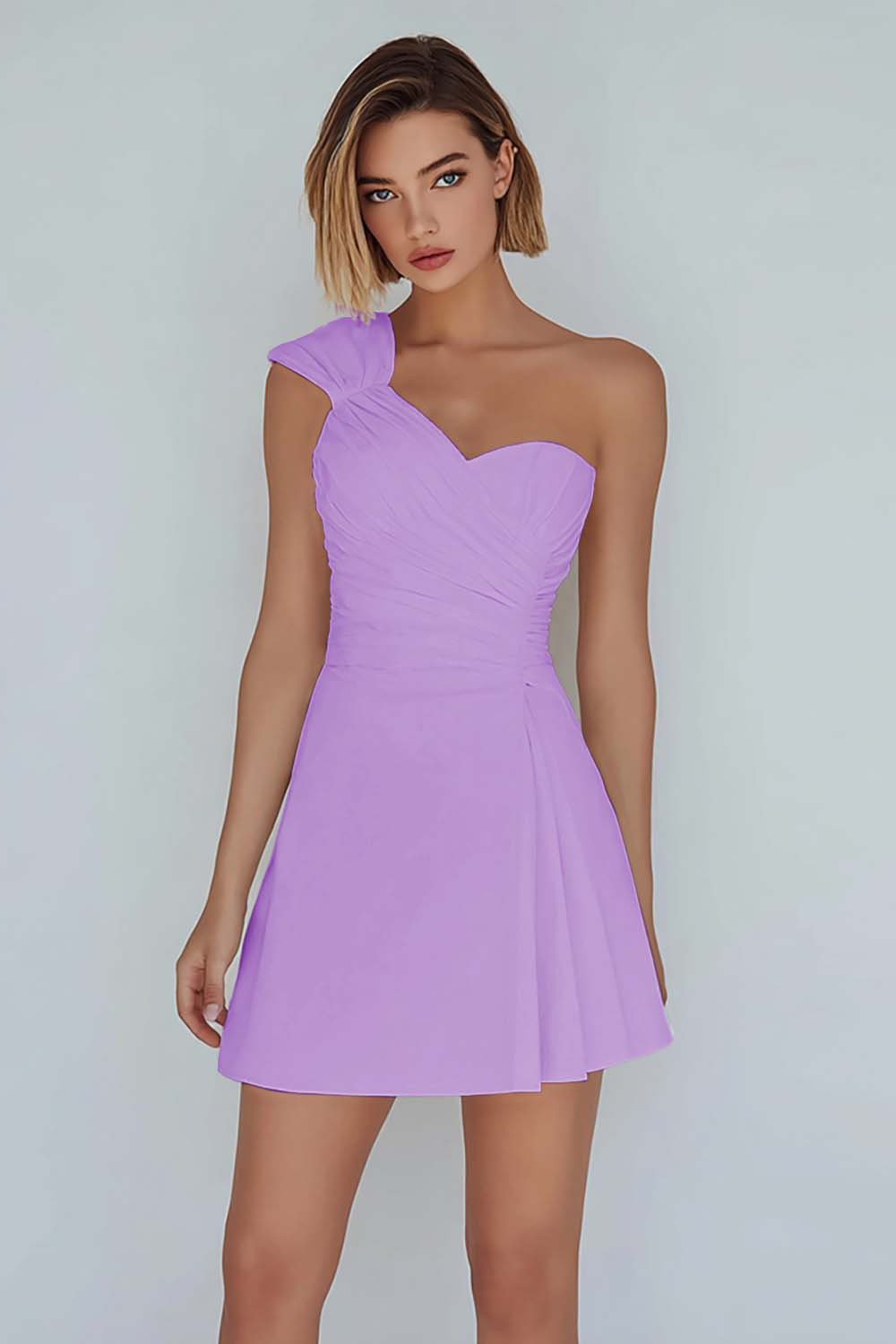 A-Line Ivory One Shoulder Ruched Short Graduation Dress 