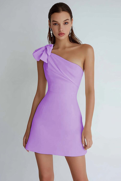 Ivory A-Line One Shoulder Short Graduation Dress with Bowknot