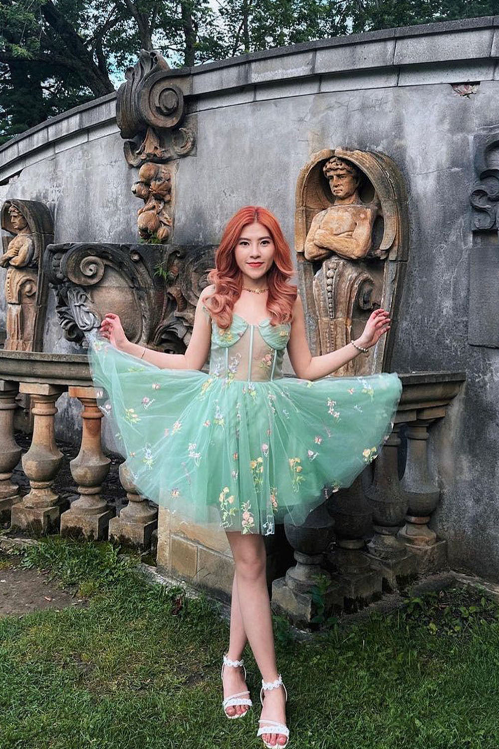 Trendy Green A Line Spaghetti Straps Short Homecoming Dress with Embroidery