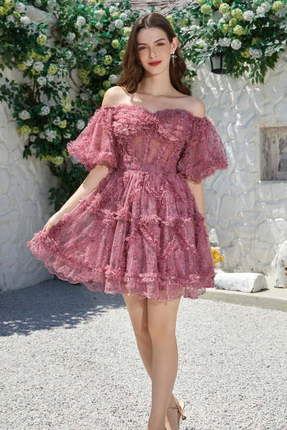 Ivory Red Flower A-Line Off the Shoulder Homecoming Dress with Ruffles