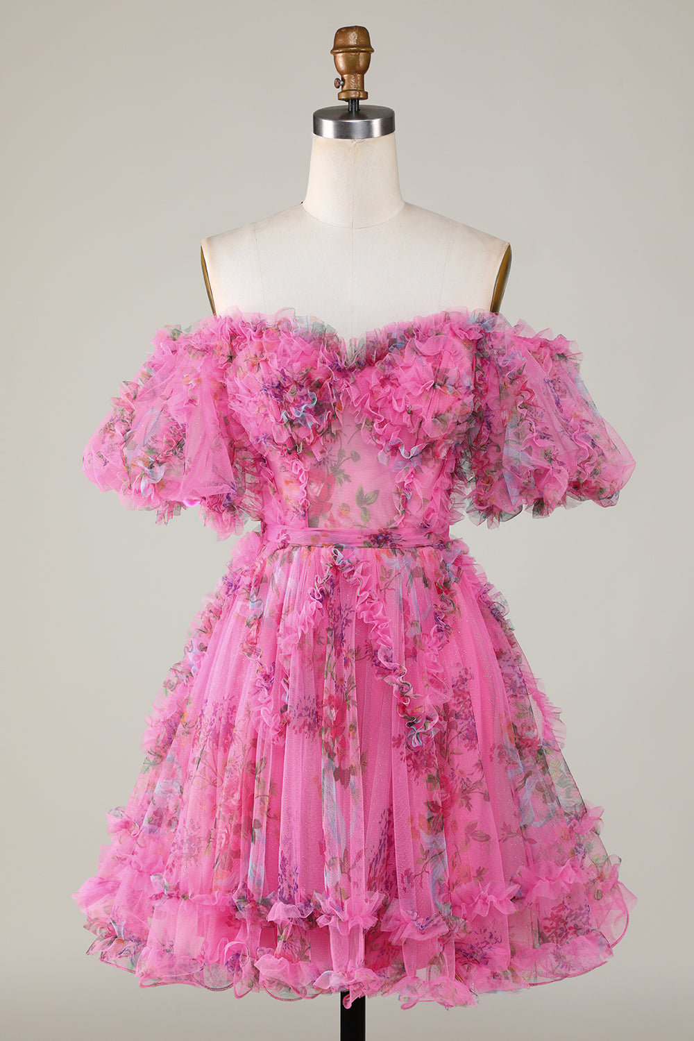 Ivory Red Flower A-Line Off the Shoulder Homecoming Dress with Ruffles