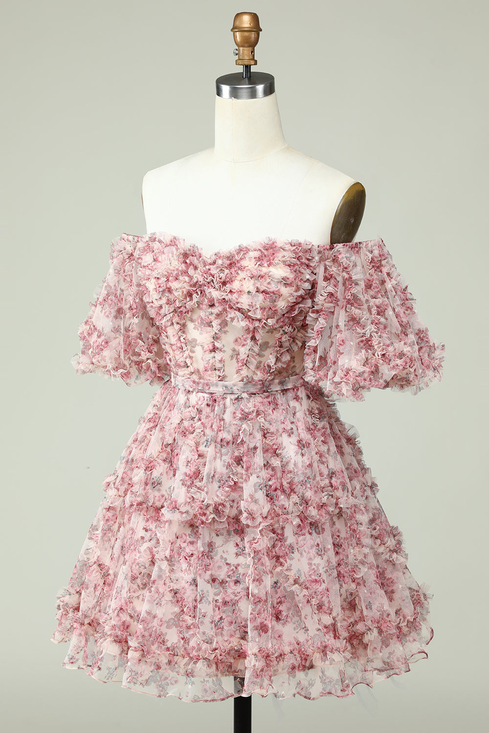 Ivory Red Flower A-Line Off the Shoulder Homecoming Dress with Ruffles