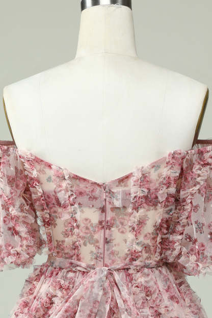 Ivory Red Flower A-Line Off the Shoulder Homecoming Dress with Ruffles