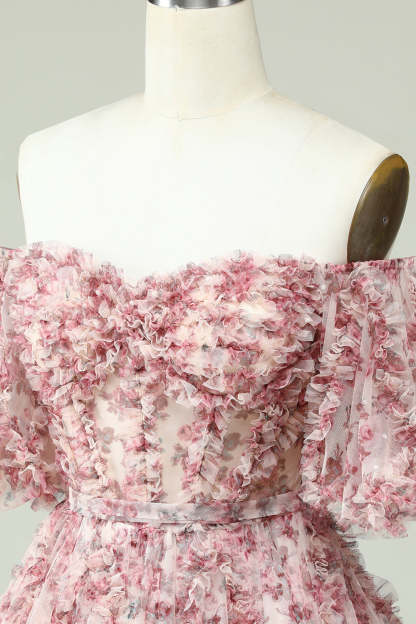 Ivory Red Flower A-Line Off the Shoulder Homecoming Dress with Ruffles