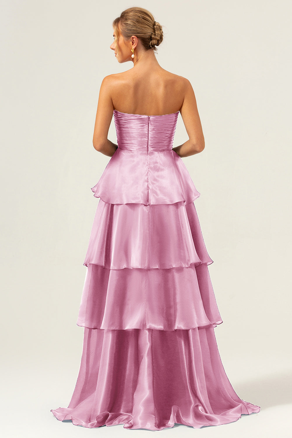 ModecrushDark Navy A Line Strapless Tiered Satin Long Bridesmaid Dress