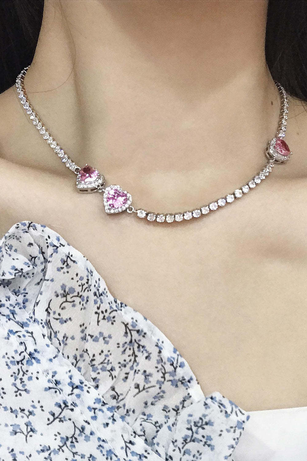 Pink Heart Rhinestones Round Necklace