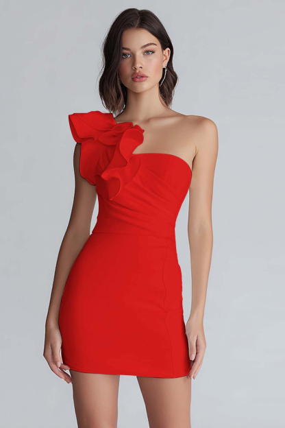 Ivory Bodycon One Shoulder Short Graduation Dress with Ruffle